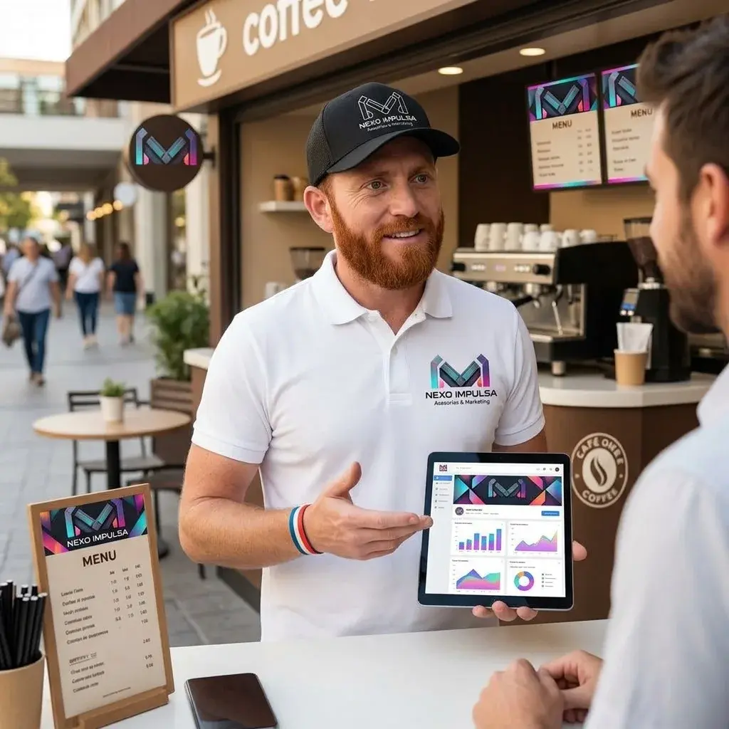 Julián González, de Nexo Impulsa, mostrando resultados de marketing en una tableta a un cliente en una cafetería